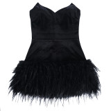 Women Strapless Sexy Furry Hem Short Evening Dress