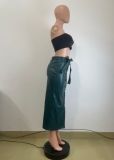 Autumn And Winter Mid-Length Black Pu Buckle Slit  Casual Leather Skirt With Belt