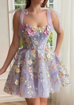 Embroidered Flower Decoration Purple Mesh Slim Waist Strap Short Women Dress