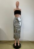 Autumn And Winter Mid-Length Black Pu Buckle Slit  Casual Leather Skirt With Belt