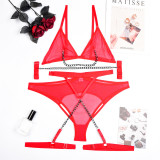 Women Sexy Uniform Thin Mesh See-Through Metal Bracelet Lingerie Set