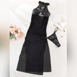 Women Lace-Up Cutout Patchwork See-Through Mesh Slit Dress