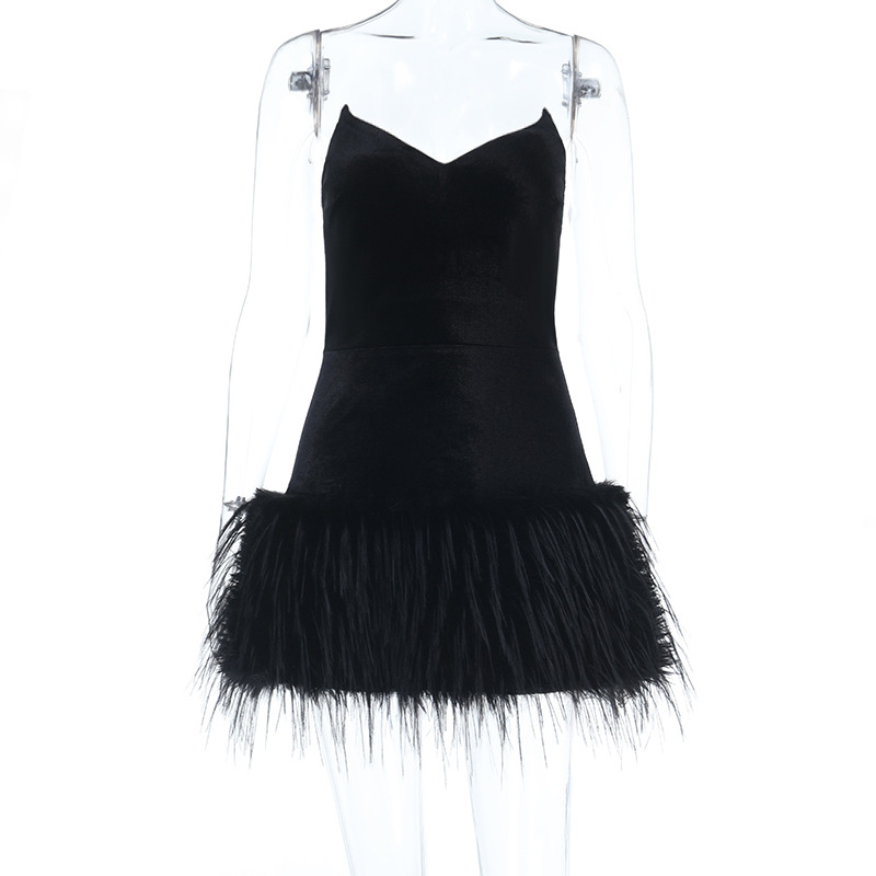 Women Strapless Sexy Furry Hem Short Evening Dress