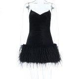 Women Strapless Sexy Furry Hem Short Evening Dress