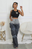 Fashionable Women's Multi-pocket Button Gradient Cargo Straight Trend Denim Trousers