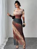 Fashion Mesh Print Ruching Sexy Tight Fitting Round Neck Dress