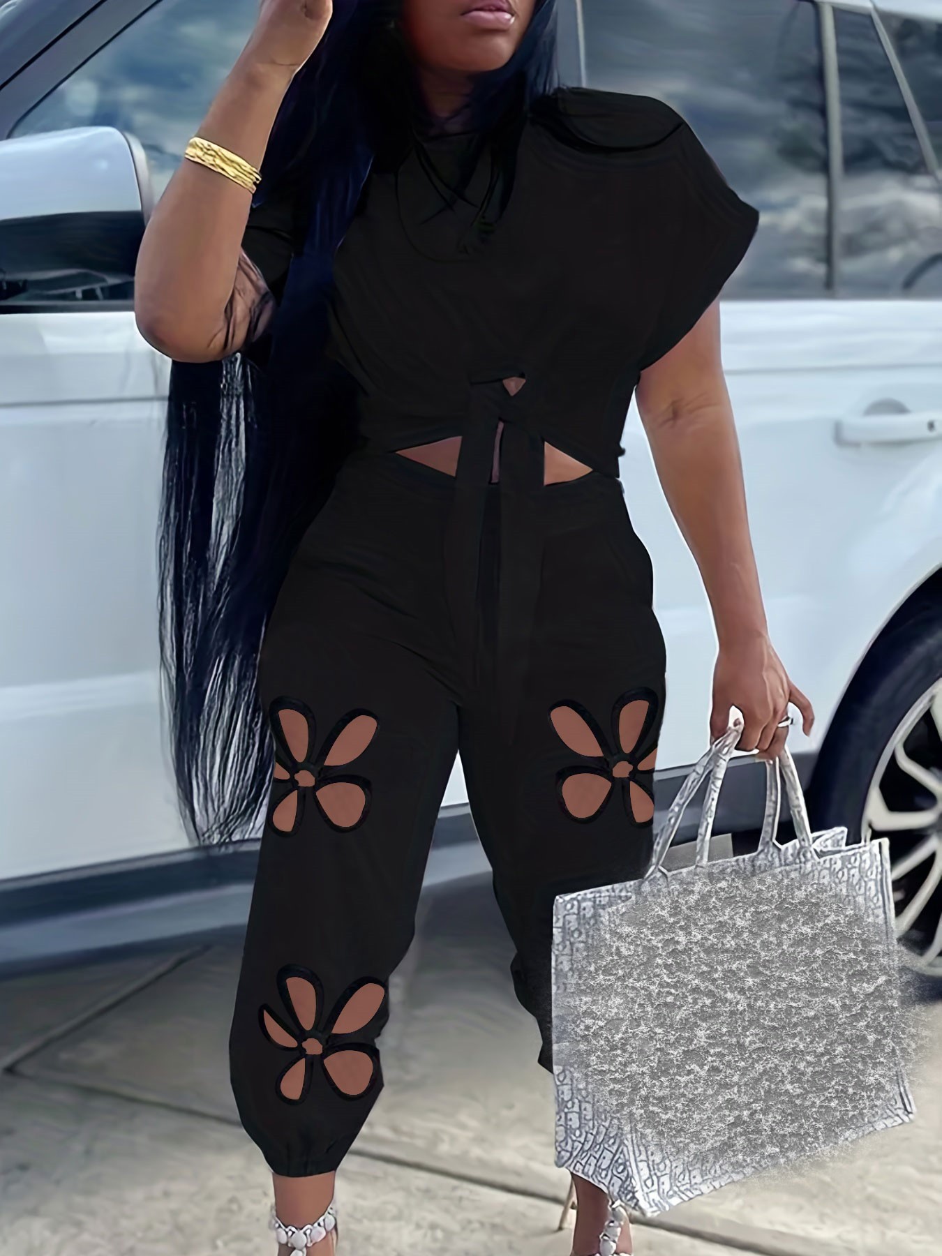 Fashion Casual Loose Pullover Irregular Tie-Dye T-Shirt Cut-Out Floral Ripped Long Pants Set