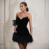 Women Strapless Sexy Furry Hem Short Evening Dress