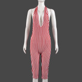 Women Striped V-neck Low Back Lace-Up Short Jumpsuit