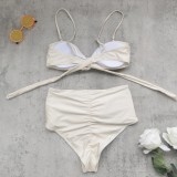 Strapless Lace-Up Solid Color Two-Piece Swimsuit Women Sexy Low Back High Waist Bikini
