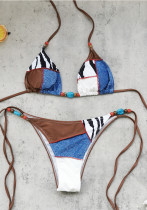 Women Bikini Lace-Up Sexy Low Back Patchwork Two-Piece Swimsuit