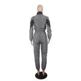 Women's Color Block Long Sleeve Trench Coat Pants without Pocket Set
