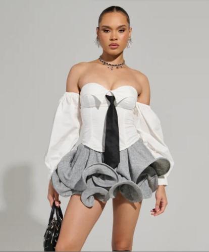 Spring Solid Color Puffy High Waist Mini Skirt