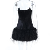 Women Strapless Sexy Furry Hem Short Evening Dress