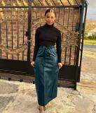 Autumn And Winter Mid-Length Black Pu Buckle Slit  Casual Leather Skirt With Belt