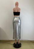 Autumn And Winter Mid-Length Black Pu Buckle Slit  Casual Leather Skirt With Belt