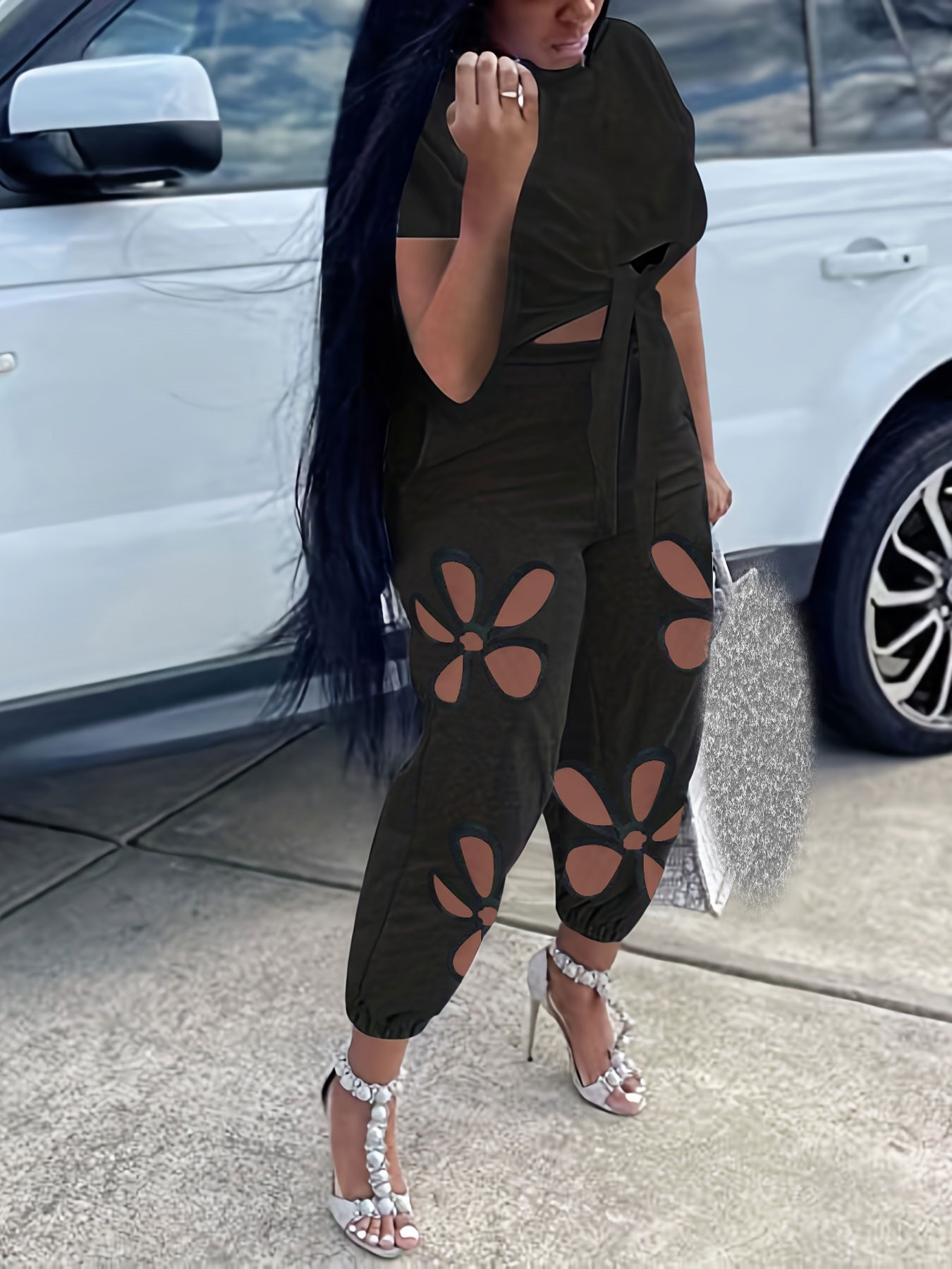 Fashion Casual Loose Pullover Irregular Tie-Dye T-Shirt Cut-Out Floral Ripped Long Pants Set