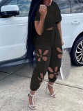 Fashion Casual Loose Pullover Irregular Tie-Dye T-Shirt Cut-Out Floral Ripped Long Pants Set