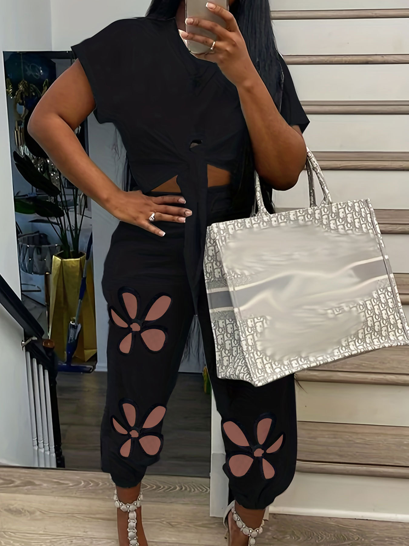 Fashion Casual Loose Pullover Irregular Tie-Dye T-Shirt Cut-Out Floral Ripped Long Pants Set