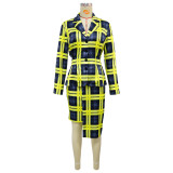 Fashion Women's Plaid Turn-Down Collar Long Skirt Set