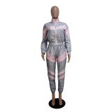 Women's Color Block Long Sleeve Trench Coat Pants without Pocket Set