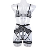 Women Sexy Uniform Thin Mesh See-Through Metal Bracelet Lingerie Set