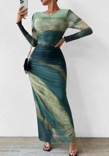 Fashion Mesh Print Ruching Sexy Tight Fitting Round Neck Dress