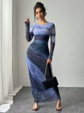 Fashion Mesh Print Ruching Sexy Tight Fitting Round Neck Dress
