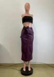Autumn And Winter Mid-Length Black Pu Buckle Slit  Casual Leather Skirt With Belt