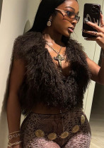 Vest Fashion Sexy Deep Low Back Fur Collar Halter Neck Top