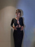 Women Sequin Tight Fitting Dress Summer Autumn Sexy Cut-Out Lace-Up Open Waist Evening Dress