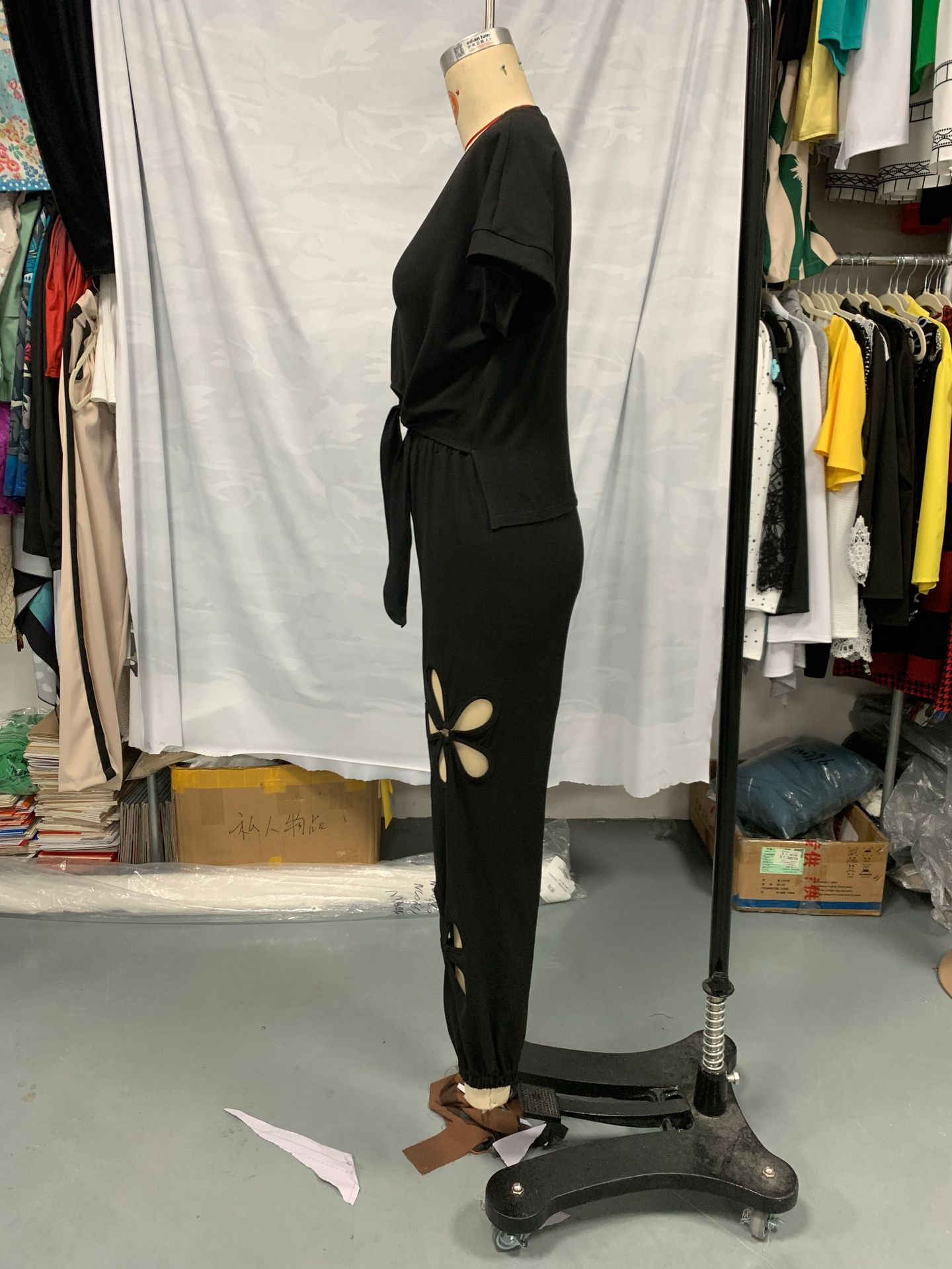 Fashion Casual Loose Pullover Irregular Tie-Dye T-Shirt Cut-Out Floral Ripped Long Pants Set