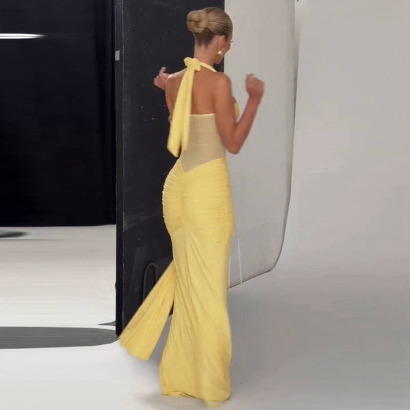 Women Sexy Summer Strapless Off-Shoulder Mesh Patchwork Halter Neck Lace-Up Dress