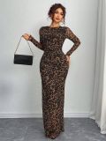 Fashion Mesh Print Ruching Sexy Tight Fitting Round Neck Dress