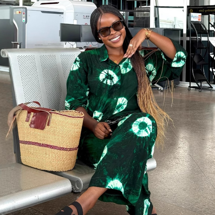 Plus Size Women's Print Casual Set African Ladies Long Sleeve Shirt Long Pants Fashion Trendy Two-Piece Set