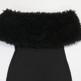 Off Shoulder Furry Patchwork Slim-Fit Jumpsuit