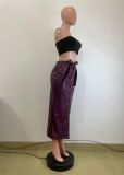 Autumn And Winter Mid-Length Black Pu Buckle Slit  Casual Leather Skirt With Belt