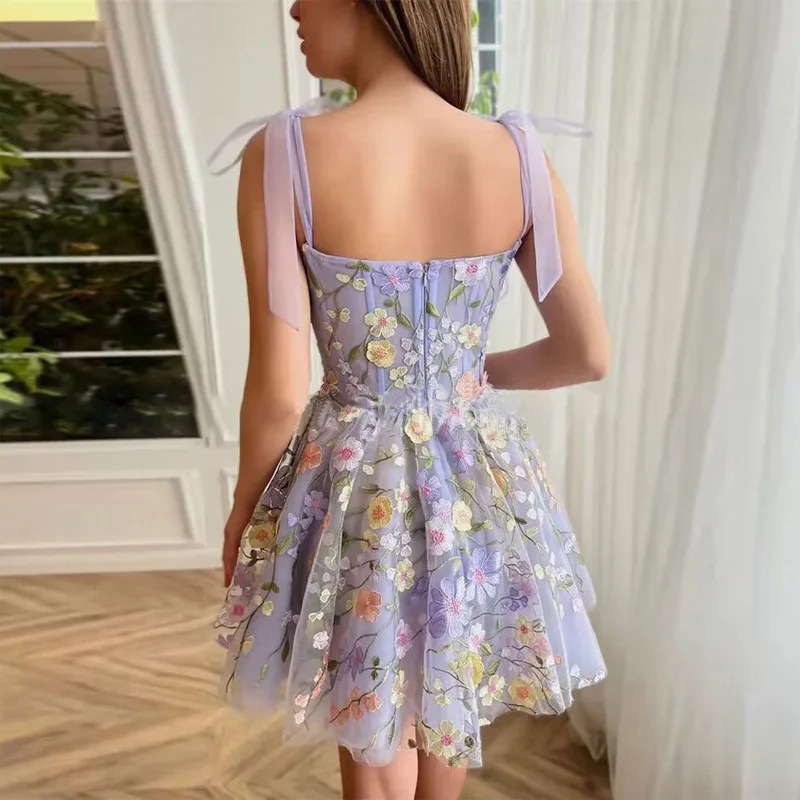 Embroidered Flower Decoration Purple Mesh Slim Waist Strap Short Women Dress