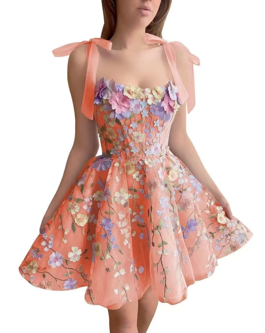 Embroidered Flower Decoration Purple Mesh Slim Waist Strap Short Women Dress