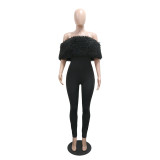 Off Shoulder Furry Patchwork Slim-Fit Jumpsuit