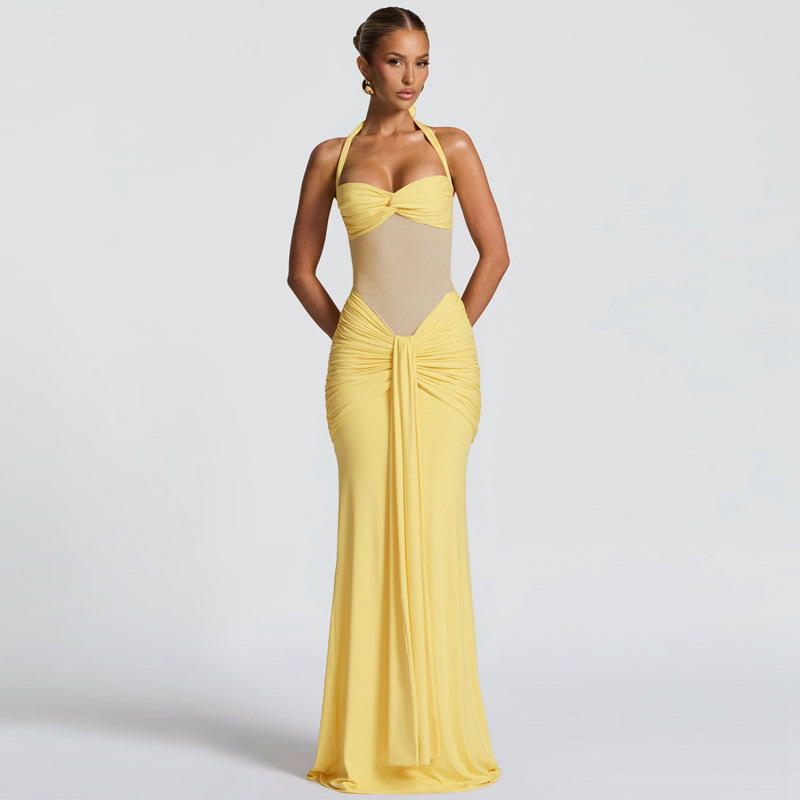 Women Sexy Summer Strapless Off-Shoulder Mesh Patchwork Halter Neck Lace-Up Dress