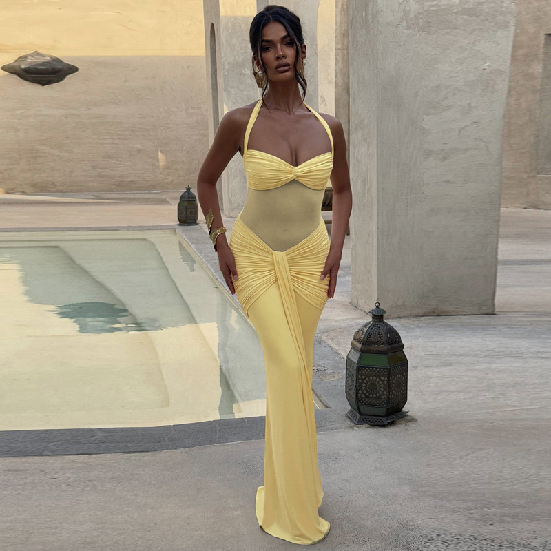 Women Sexy Summer Strapless Off-Shoulder Mesh Patchwork Halter Neck Lace-Up Dress