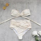 Strapless Lace-Up Solid Color Two-Piece Swimsuit Women Sexy Low Back High Waist Bikini
