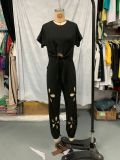 Fashion Casual Loose Pullover Irregular Tie-Dye T-Shirt Cut-Out Floral Ripped Long Pants Set