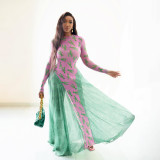 Women Autumn Print Mesh Color Block Patchwork Long Sleeve Dress