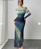 Fashion Mesh Print Ruching Sexy Tight Fitting Round Neck Dress