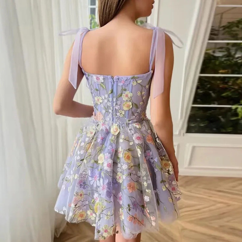 Embroidered Flower Decoration Purple Mesh Slim Waist Strap Short Women Dress