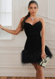 Women Strapless Sexy Furry Hem Short Evening Dress