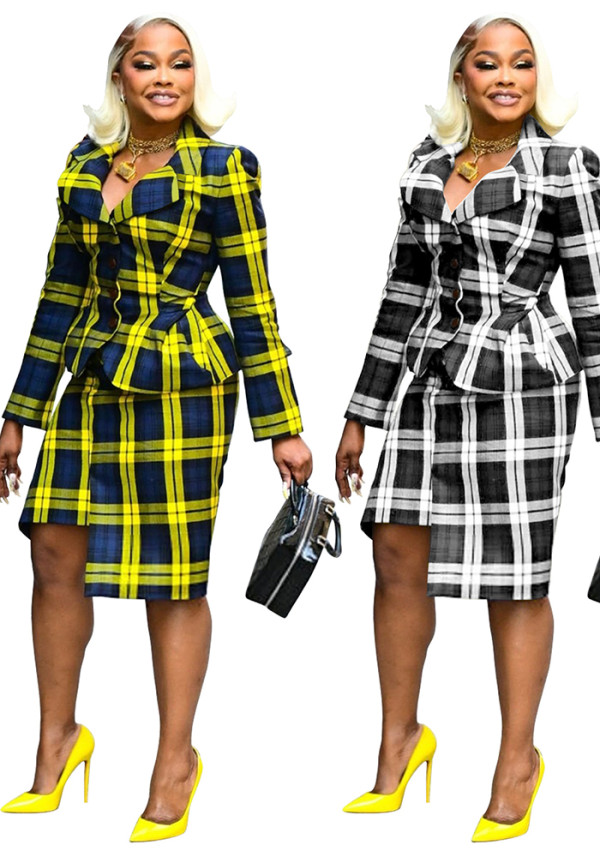 Fashion Women's Plaid Turn-Down Collar Long Skirt Set