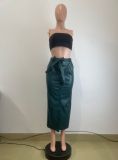 Autumn And Winter Mid-Length Black Pu Buckle Slit  Casual Leather Skirt With Belt